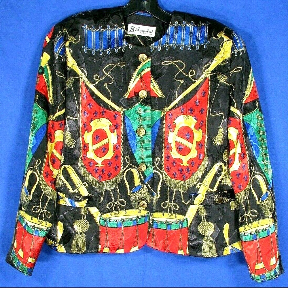 SANG AN Black/Multi Satin BUTTON-UP JACKET TOP French Military SWORD DRUMS sz L